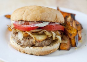 Turkey Burger Sandwich with Caramelized Onions, Gruyere, and Sage Mayo