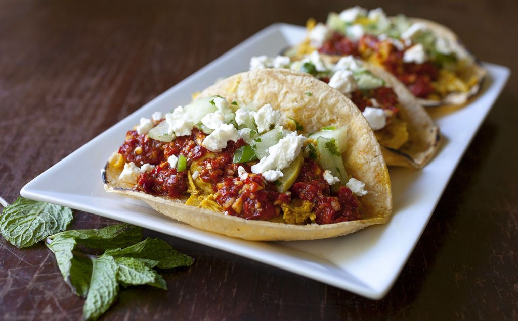 Moroccan Chicken Tacos with Harissa Salsa and Goat Cheese
