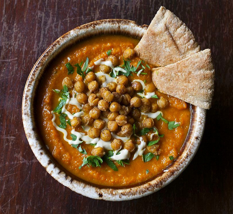 Carrot Soup with Roasted Chickpeas and Lemon Tahini