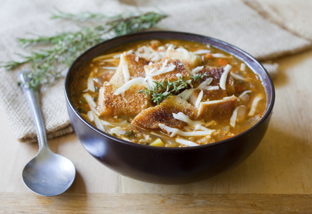 Tuscan Bean Soup with Ground Turkey & Sourdough Croutons