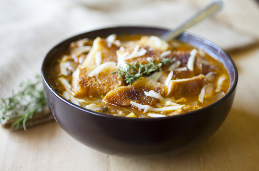 Tuscan Bean Soup with Ground Turkey & Sourdough Croutons