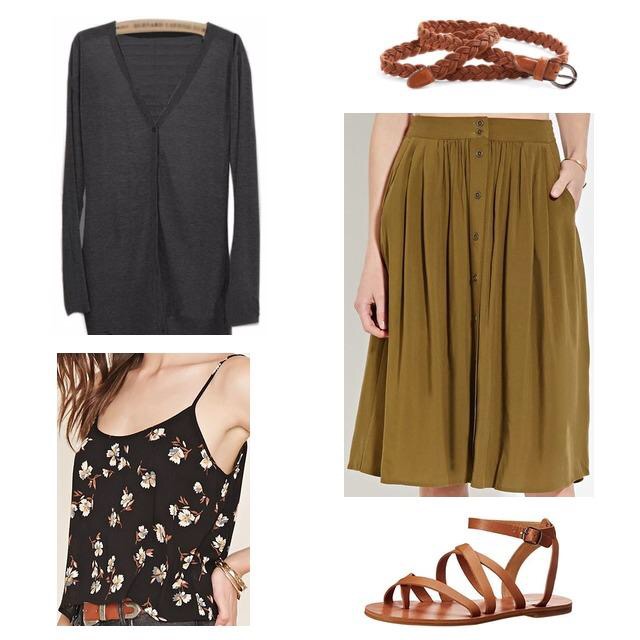 Charcoal Cardigan & Olive Midi Skirt