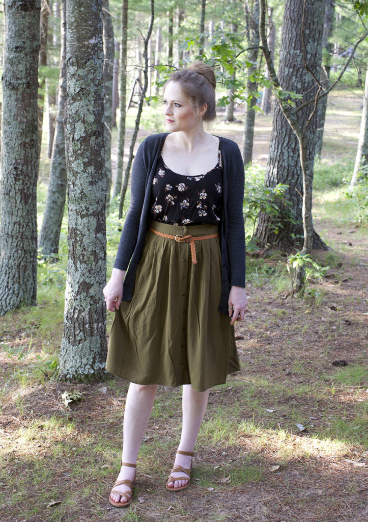 Charcoal Cardigan & Olive Midi Skirt