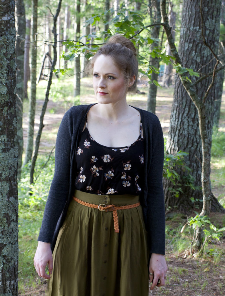 Charcoal Cardigan & Olive Midi Skirt
