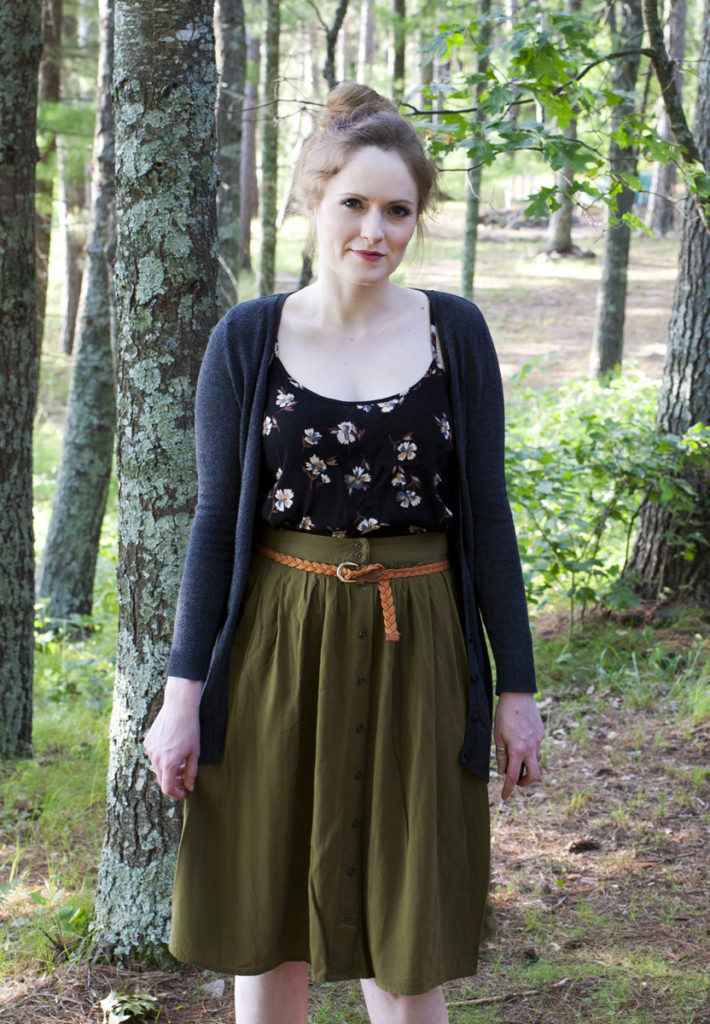 Charcoal Cardigan & Olive Midi Skirt